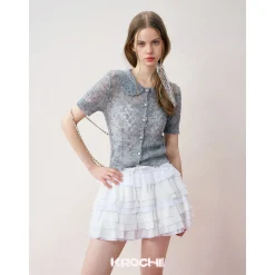 Kroche Diamond Hollow Out Knit Top Gray