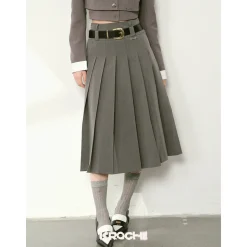 Kroche Double Waistline Pleated Long Skirt Grey
