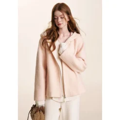Kroche Double Zipper Tweed Warm Jacket Pink