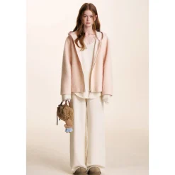 Kroche Double Zipper Tweed Warm Jacket Pink