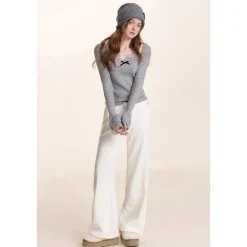 Kroche Drawstring High Waist Wide-Leg Casual Pants White