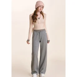 Kroche Drawstring High Waist Wide-Leg Casual Pants Gray