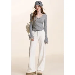 Kroche Drawstring High Waist Wide-Leg Casual Pants White