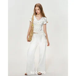 Kroche Drawstring Linen Wide-Leg Pants White