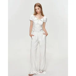 Kroche Drawstring Linen Wide-Leg Pants White