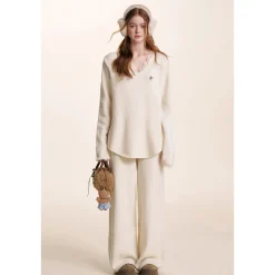 Kroche Elastic-Waist Casual Knit Pants Cream