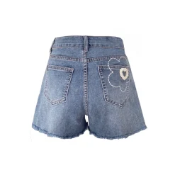 Kroche Embroidery Flower Denim Shorts Blue