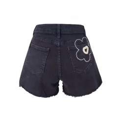 Kroche Embroidery Flower Denim Shorts Black