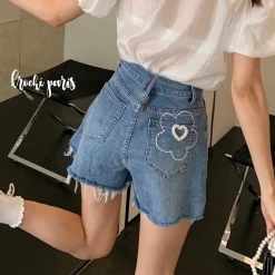 Kroche Embroidery Flower Denim Shorts Blue