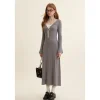 Kroche Fake-2-Piece Lace Edge Thicken Knit Long Dress Gray