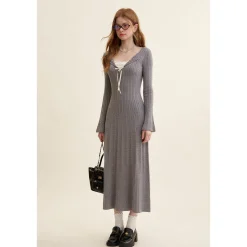 Kroche Fake-2-Piece Lace Edge Thicken Knit Long Dress Gray