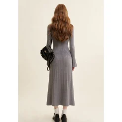 Kroche Fake-2-Piece Lace Edge Thicken Knit Long Dress Gray