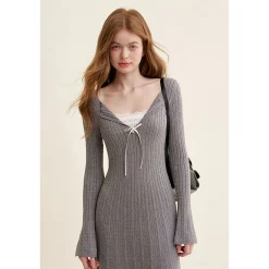Kroche Fake-2-Piece Lace Edge Thicken Knit Long Dress Gray