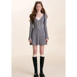 Kroche Fake-2-Piece Lace Edge Thicken Knit Dress