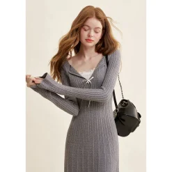 Kroche Fake-2-Piece Lace Edge Thicken Knit Long Dress Gray