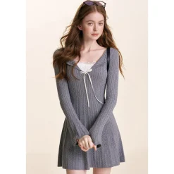 Kroche Fake-2-Piece Lace Edge Thicken Knit Dress