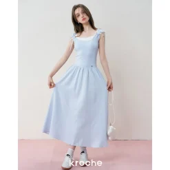 Kroche Fake-2-Piece Patchwork Casual Dress Blue