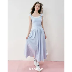 Kroche Fake-2-Piece Patchwork Casual Dress Blue