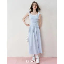 Kroche Fake-2-Piece Patchwork Casual Dress Blue