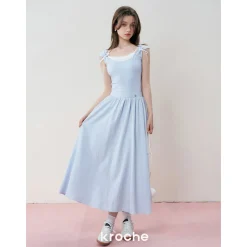 Kroche Fake-2-Piece Patchwork Casual Dress Blue