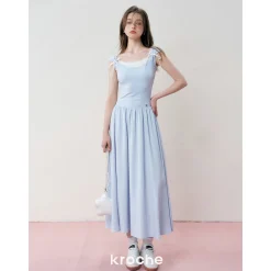 Kroche Fake-2-Piece Patchwork Casual Dress Blue