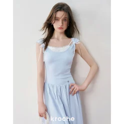 Kroche Fake-2-Piece Patchwork Casual Dress Blue