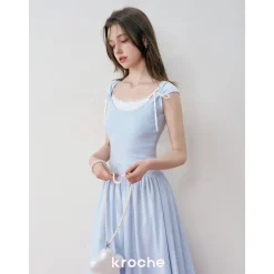 Kroche Fake-2-Piece Patchwork Casual Dress Blue