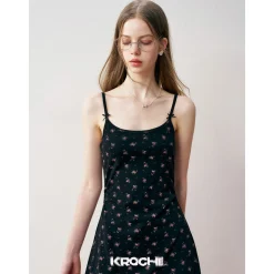 Kroche Floral Bow Draped Knit Halter Long Dress