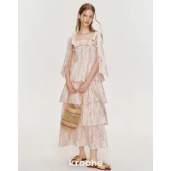 Kroche Floral Lace Up Tiered Halter Dress