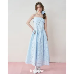 Kroche French Jacquard Halter Long Dress Blue