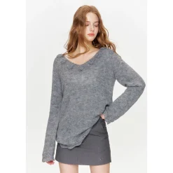 Kroche Hand Crochet Hollow Out V-Neck Knit Top Gray