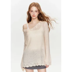 Kroche Hand Crochet Hollow Out V-Neck Knit Top Beige