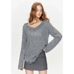 Kroche Hand Crochet Hollow Out V-Neck Knit Top Gray
