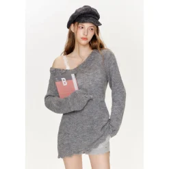 Kroche Hand Crochet Hollow Out V-Neck Knit Top Gray