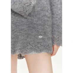 Kroche Hand Crochet Hollow Out V-Neck Knit Top Gray