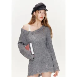 Kroche Hand Crochet Hollow Out V-Neck Knit Top Gray
