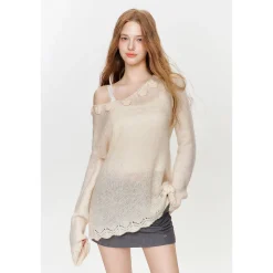 Kroche Hand Crochet Hollow Out V-Neck Knit Top Beige