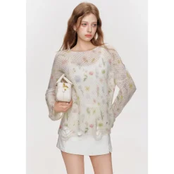Kroche Hand-Drawn Floral Mohair Destroyed Knit Top