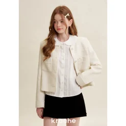 Kroche Heavy Floral Button Tweed Jacket White
