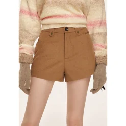 Kroche High Waist Woolen Tweed Shorts Brown