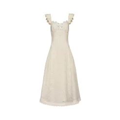Kroche Hollow Out Embroidered Lace Long Dress Beige