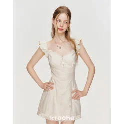 Kroche Hollow Out Embroidered Lace Short Dress Beige