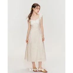 Kroche Hollow Out Embroidered Lace Long Dress Beige