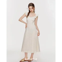 Kroche Hollow Out Embroidered Lace Long Dress Beige
