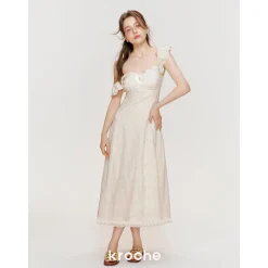 Kroche Hollow Out Embroidered Lace Long Dress Beige