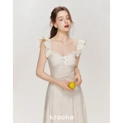 Kroche Hollow Out Embroidered Lace Long Dress Beige