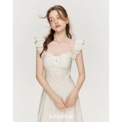 Kroche Hollow Out Embroidered Lace Long Dress Beige