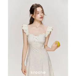 Kroche Hollow Out Embroidered Lace Long Dress Beige
