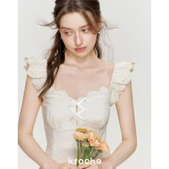 Kroche Hollow Out Embroidered Lace Long Dress Beige