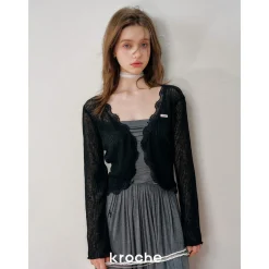 Kroche Lace Edge Patchwork Knitted Cardigan Black